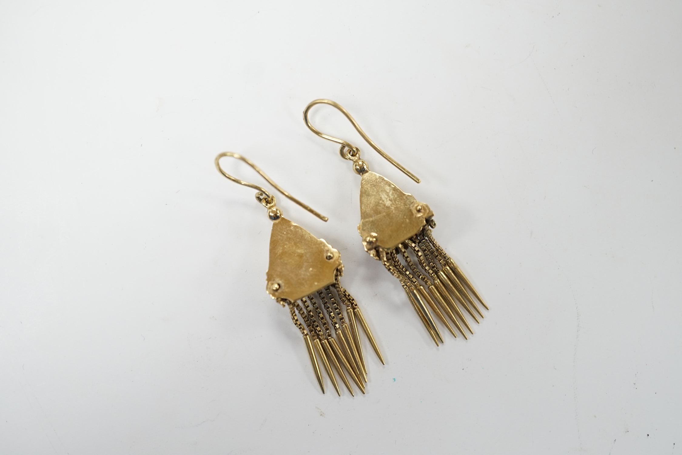 A pair of Victorian style yellow metal tassel drop earrings, 43mm, 10.3 grams. Good condition.